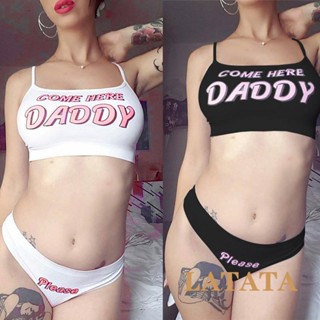 Latata- สองชิ้น เซตผู้หญิง พิมพ์ลายตัวอักษร เซ็กซี่ เซตเสื้อครอปแขนกุด + กางเกงชั้นใน คลับ ชุดชั้นในเซ็กซี่ ชุดนอนหญิง