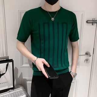 เสื้อยืดแขนสั้น ผ้าถัก สีพื้น แฟชั่นฤดูร้อน สําหรับผู้ชาย