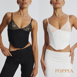 Poppia- เสื้อครอปแขนกุด แต่งลูกไม้ สไตล์สตรีท แฟชั่นฤดูร้อน สําหรับผู้หญิง ใส่ไปคลับ