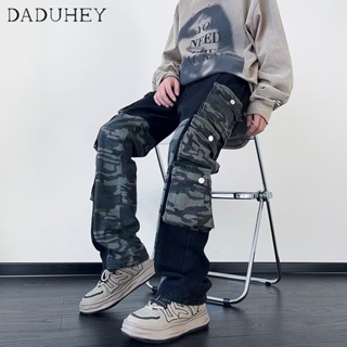 DaDuHey🔥 Mens High Street Multi-Pocket Slim Fit Patchwork Jeans 2023 American-Style Retro Ins Fashionable All-Match Straight Casual Pants