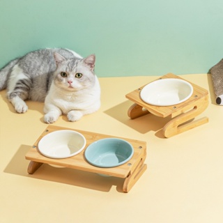 COD โต๊ะวางชามข้าวน้องแมว ชามเอียงเซรามิก ชุดขาตั้งไม้พร้อมชาม ชามแมว ชามอาหาร