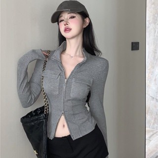 เสื้อโปโล คอปก มีซิป สีพื้น เรียบง่าย สไตล์ใหม่ แฟชั่นฤดูใบไม้ร่วง สําหรับผู้หญิง QJNF