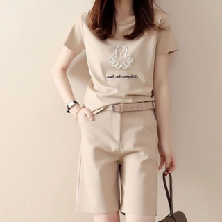 [lucky เสื้อผ้าผู้หญิง] เสื้อยืดลําลอง ผ้าฝ้าย แขนสั้น กางเกงขายาว ขาห้าส่วน สไตล์เกาหลี ญี่ปุ่น เหมาะกับฤดูร้อน สําหรับผู้หญิง 2023
