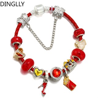 Dinglly สีแดง ส้นสูง รองเท้าจี้ สร้อยข้อมือหนัง สําหรับผู้หญิง หัวใจ ปราสาท เสน่ห์ สร้อยข้อมือ ของขวัญ