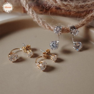 AHOUR Gifts Stud Earrings Women Front And Back Zircon Earrings Accessories Korean Rhinestone Temperament S925 Silver Needle Simple Women Jewelry/Multicolor