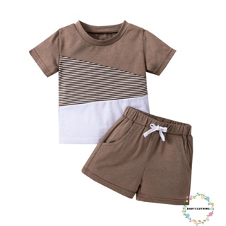 Babyclothes- ชุดเสื้อแขนสั้น สีตัดกัน และกางเกงขาสั้น สีพื้น แฟชั่นฤดูร้อน สําหรับเด็กผู้ชาย