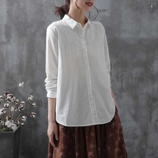 เสื้อเชิ้ตแขนยาวผู้หญิง ผ้าฝ้ายแท้ ทรงหลวม ขนาดใหญ่ ลายปัก  สไตล์เกาหลี เสื้อแฟชั่นสําหรับผู้หญิง