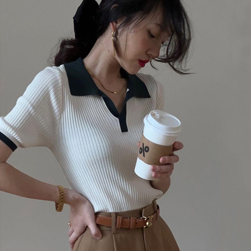 เสื้อโปโลแขนสั้น-คอปก-แบบเรียบ-แฟชั่นฤดูร้อน-สําหรับผู้หญิง