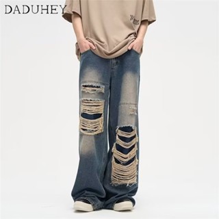 DaDuHey🔥 Hong Kong Style Retro Ripped Jeans Mens Ins Hip Hop Trend Baggy Straight Casual Pants