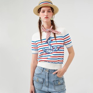 เสื้อกันหนาว คอกลม แขนห้าส่วน ผ้าถัก ลายทาง สีตัดกัน แฟชั่นฤดูร้อน 2023230088