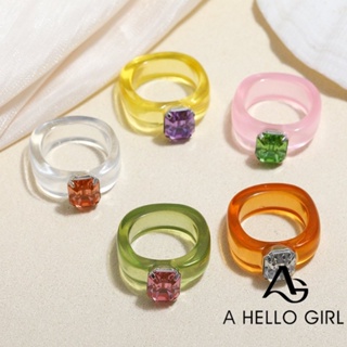 แหวนอะคริลิคเรซิ่น ประดับเพชร พลอยเทียม ทรงเรขาคณิต น่ารัก สไตล์เกาหลี สําหรับผู้หญิง