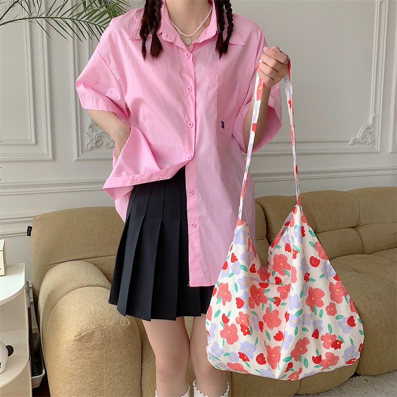 กระเป๋าถือดอกไม้ขนาดเล็กสไตล์เกาหลีกระเป๋าผ้าใบนักเรียนน่ารักความจุขนาดใหญ่