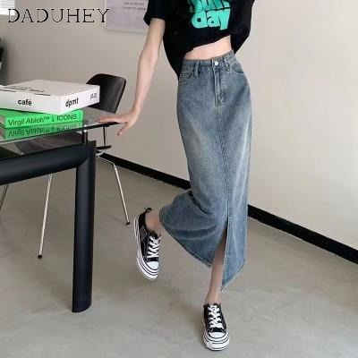 daduhey-korean-style-women-summer-2023-new-retro-denim-skirt-mid-length-sliding-a-line-dress-split-skirt