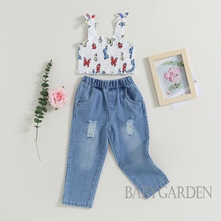 Babygarden-1-6 ปี ชุดเสื้อผ้าเด็กผู้หญิง แขนกุด พิมพ์ลายผีเสื้อ ยกทรง + กางเกงยีน เอวยางยืด ขาด