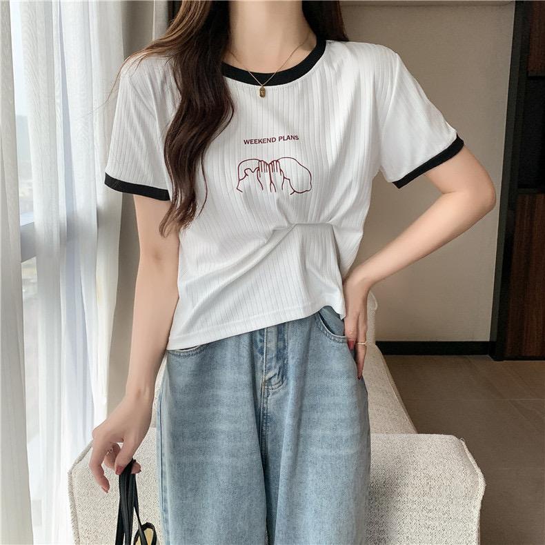 พร้อมส่ง-ใหม่-0557-1เสื้อยืดผู้หญิงแขนสั้นเสื้อไหมพรมคอกลมฤดูร้อนแฟชั่นใหม่2023สไตล์เกาหลี