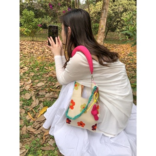 กระเป๋าถือ กระเป๋าสะพายไหล่ ผ้าถัก แฮนด์เมด ลายดอกไม้น่ารัก ขนาดเล็ก สไตล์ญี่ปุ่น แฟชั่นฤดูใบไม้ผลิ และฤดูร้อน สําหรับสตรี 2023