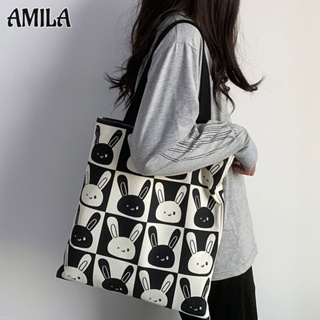 AMILA กระเป๋าผ้าแคนวาสกระต่ายน่ารัก กระเป๋าคล้องมือแฟชั่นสไตล์เกาหลี ความจุสูง นักเรียนเข้าเรียนระหว่างเดินทาง