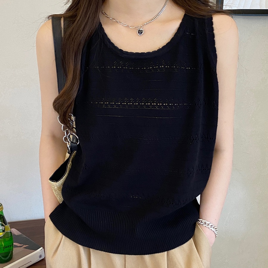 เสื้อแขนกุดลําลอง-คอกลม-ผ้าถัก-ทรงหลวม-แบบรูกลวง-แฟชั่นฤดูร้อน-สไตล์เกาหลี-สําหรับผู้หญิง