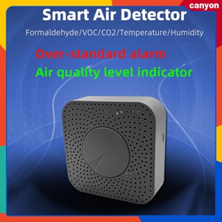 Tuya Wifi Smart Air Box ฟอร์มาลดีไฮด์、voc、คาร์บอนไดออกไซด์、อุณหภูมิ、ความชื้น เซ็นเซอร์พร้อมตัวบ่งชี้ระดับคุณภาพอากาศ 80db Alarm Sound Reminder หุบเขาลึกที่ตรงกันหลายฉาก