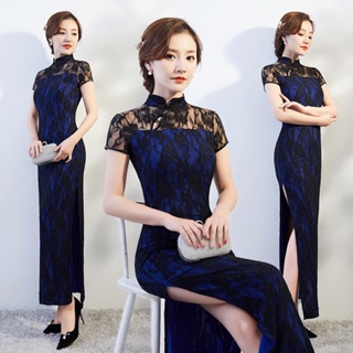 Women Black Blue Long Cheongsam Lace Vintage Mother Dress Slim Traditional Show Evening Dresses Plus Size Qipao S2200