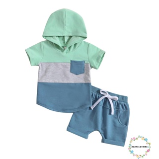 Babyclothes- ชุดเสื้อแขนสั้น มีฮู้ด และกางเกงขาสั้น เอวยางยืด 2 ชิ้น สําหรับเด็กผู้ชาย