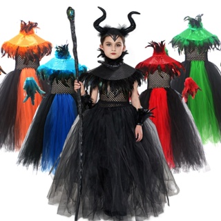 Disney Girls Maleficent Halloween Costume Cosplay Dress Deluxe Fancy Black Gown Kids Demon Queen Witch เสื้อผ้าเด็ก