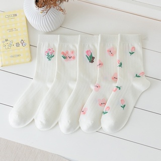 ถุงเท้า ลายดอกทิวลิป กระต่ายน่ารัก สีชมพู แบบเรียบง่าย สไตล์เกาหลี สําหรับผู้หญิง