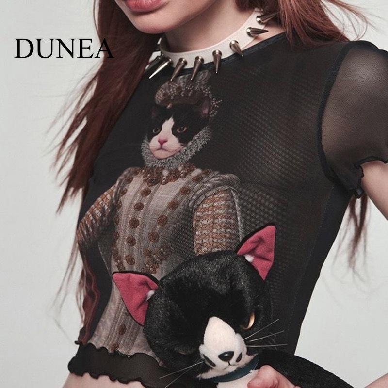 dunea-เสื้อตาข่าย-พิมพ์ลายแมว-สไตล์วินเทจ-เซ็กซี่-สําหรับผู้หญิง