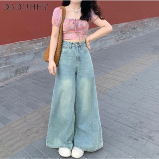 DaDuHey🎈 Women Korean Style New Retro Wash Blue Wide Leg Jeans Plus Size Wide Leg Loose Casual Mopping Pants