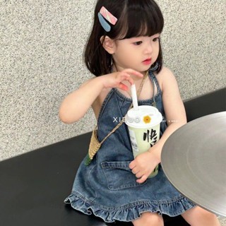ชุดเดรสยีน คอผูกเชือก แฟชั่นฤดูร้อน สําหรับเด็กผู้หญิง