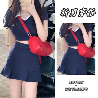 เสื้อยืดลําลอง คอปก เข้ารูป สีขาว สไตล์อเมริกัน แฟชั่นเรโทร สําหรับเด็กผู้หญิง สองชิ้น
