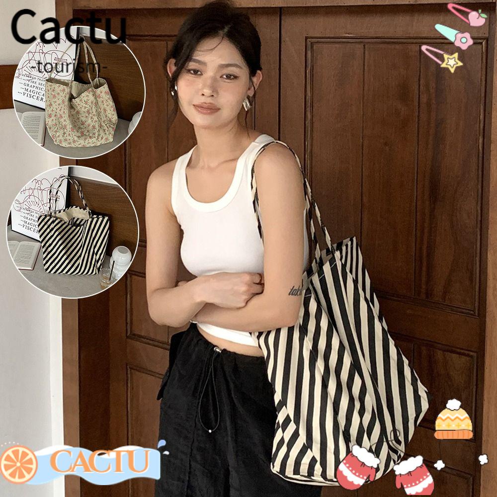 cactu-กระเป๋าสะพายไหล่-กระเป๋าถือ-ผ้าแคนวาส-ลายทาง-ความจุขนาดใหญ่-สไตล์เกาหลี-สําหรับสตรี