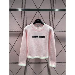 4Hak MIU MIU 2023 autumn and winter New pullover knitted top womens striped with jacquard letters age-reducing fashion all-match short