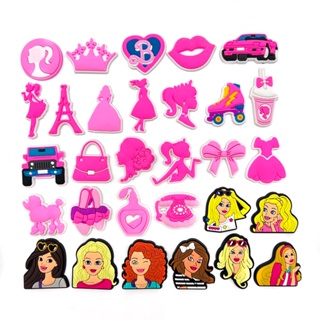 ตุ๊กตาบาร์บี้น่ารัก Crocs Jibbits Charm Pink Car Jibitz Croc Princess Crown Shoe Charms Barbie Doll Jibits Pins สําหรับตกแต่งรองเท้าเด็ก