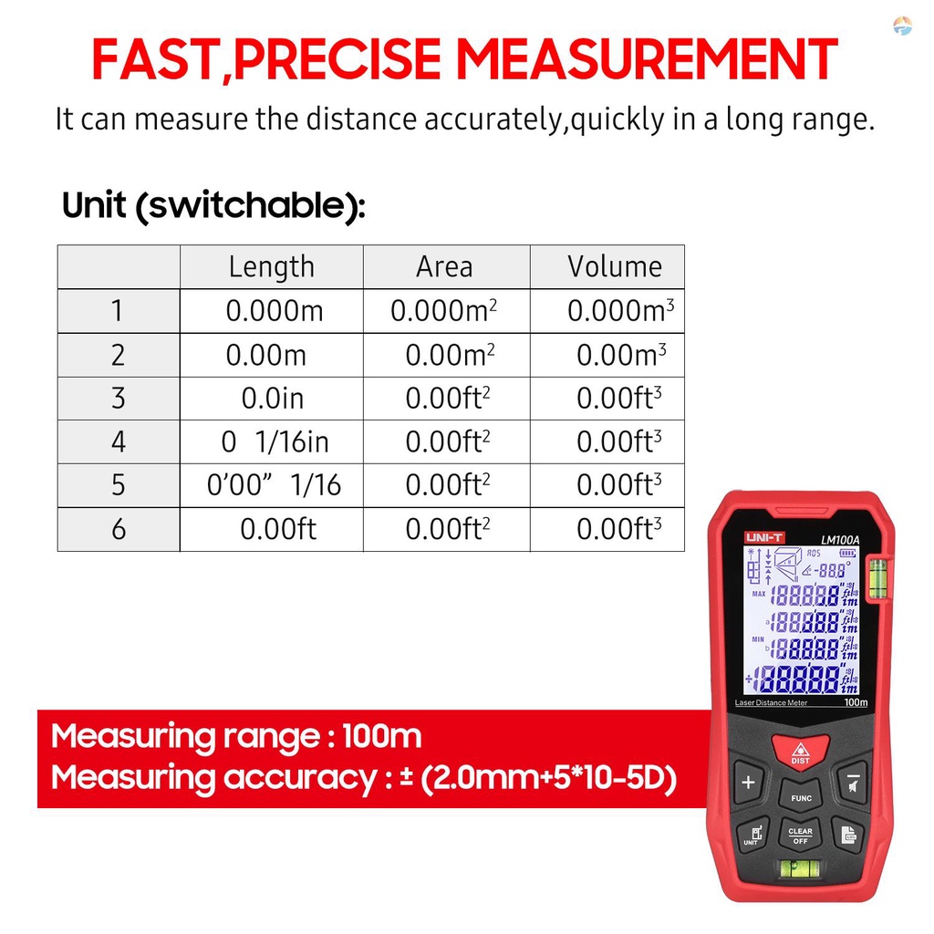 fash-เครื่องวัดระยะทางเลเซอร์-uni-t-lm100a-100-ม-พร้อมจอแสดงผล-lcd-2-ระดับ-โหมดไฟแบ็คไลท์-ฟังก์ชั่นปิดเสียงระยะทาง-99-กลุ่ม