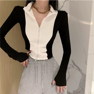 8598# Ribbed sweatshirt with print on the back Design niche hot girl sexy short long sleeve cardigan top