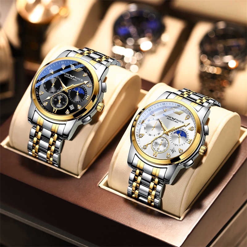 นาฬิกาข้อมือควอตซ์-สายแสตนเลส-ประดับเพชรเรืองแสง-กันน้ํา-สไตล์นักธุรกิจ-สําหรับผู้ชาย