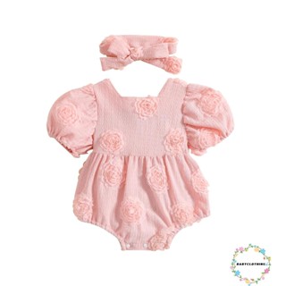 Babyclothes- ชุดจั๊มสูทรอมเปอร์ แขนสั้น คอสี่เหลี่ยม ลายดอกไม้ 3D พร้อมที่คาดผม สําหรับเด็กทารกผู้หญิง