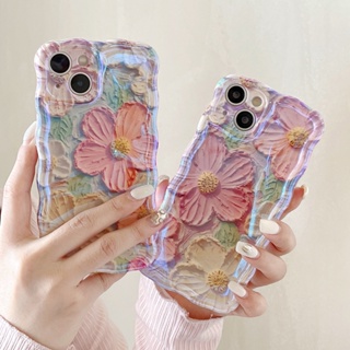 เคสโทรศัพท์มือถือ TPU กันกระแทก ลายภาพวาดสีน้ํามัน รูปดอกไม้ สีชมพู สีม่วง สําหรับ Apple IPhone 15 14 13 12 11 Pro Max