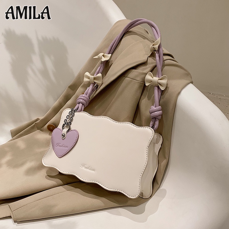 amila-กระเป๋าแฟชั่นเกาหลีสะพายข้างเดียว-การออกแบบเฉพาะ-สีทึบเรียบง่ายและสง่างาม-กระเป๋าโบว์สาว