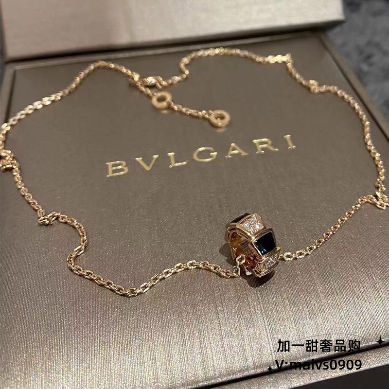 พร้อมส่ง-bvlgari-สร้อยคอ-จี้กระดูกงู-ประดับเพชร-สีดํา-สีโรสโกลด์