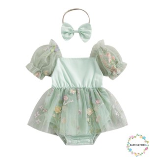 Babyclothes- ชุดรอมเปอร์ เพลย์สูท รอมเปอร์ แขนสั้น ผ้าตาข่าย ลายดอกไม้ พร้อมที่คาดผม ฤดูร้อน สําหรับเด็ก