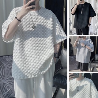 เสื้อยืดแขนสั้น คอกลม ทรงหลวม ลายวาฟเฟิล สไตล์เกาหลี สําหรับผู้ชาย SLC109