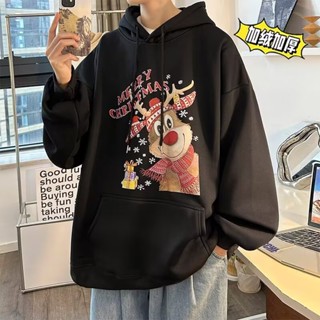 เสื้อกันหนาวลําลอง มีฮู้ด ลายกวางคริสต์มาสน่ารัก แฟชั่นสําหรับผู้ชาย และผู้หญิง