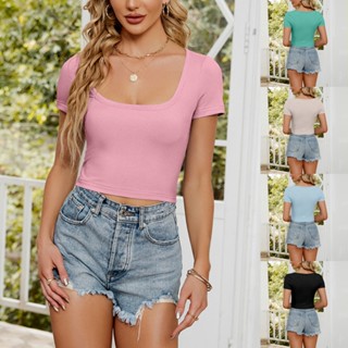 เสื้อยืดลําลอง เข้ารูป สีพื้น ใส่สบาย แฟชั่นฤดูใบไม้ผลิ และฤดูร้อน สําหรับสตรี