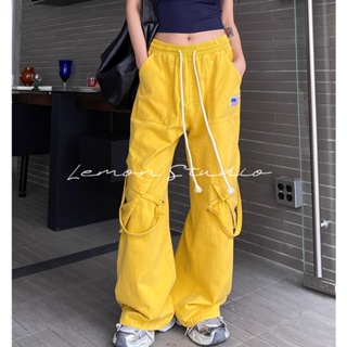 Lemon studio พร้อมส่ง กางเกงขายาวผู้หญิง กางเกงเอวสูง เวอร์ชั่นเกาหลีหลวม  Y2K เลคกิ้งขายาว กางเกงแฟชั่นผู้หญิง  LHE0177