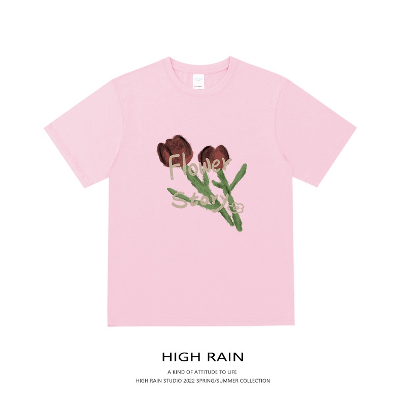 ui2023high-rain-เสื้อยืดแขนสั้นผ้าฝ้ายทิวลิปสีน้ำต้นฉบับ