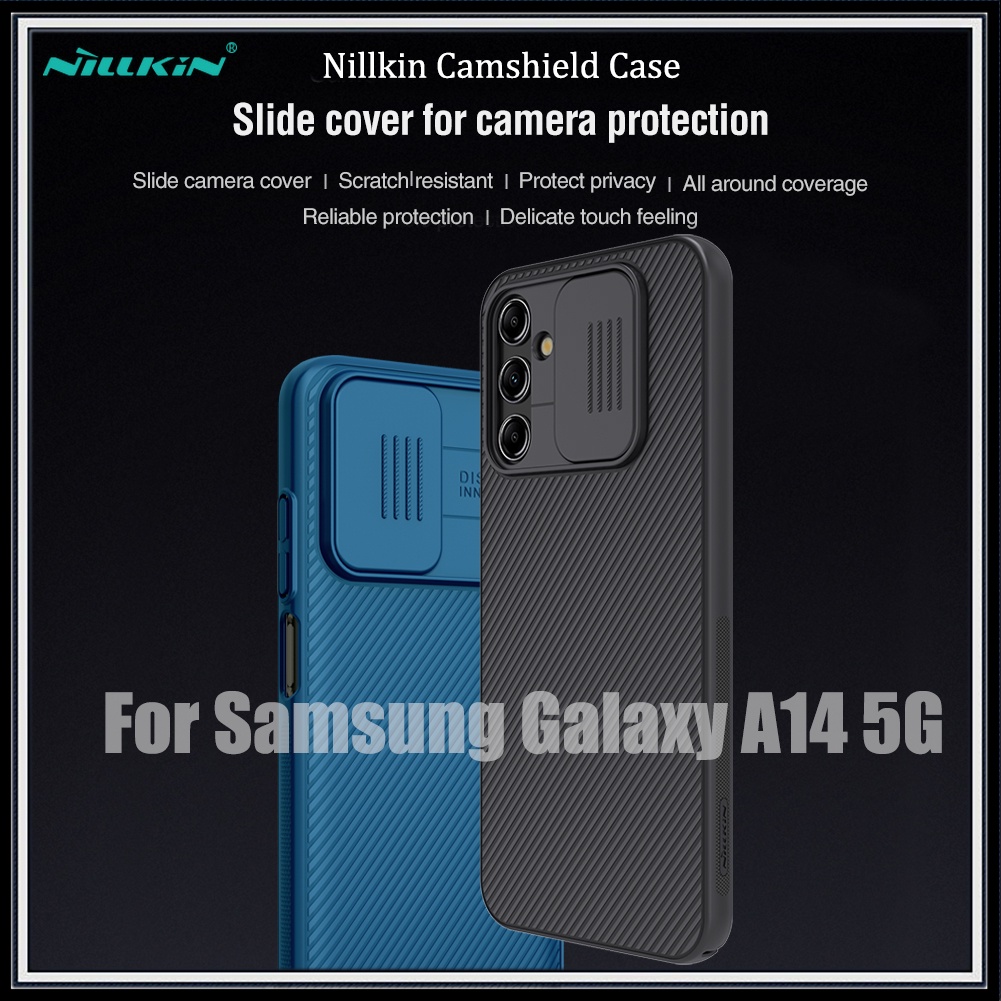 nillkin-เคสโทรศัพท์มือถือ-pc-แข็ง-ป้องกันเลนส์กล้อง-แบบสไลด์-สีดํา-สีฟ้า-หรูหรา-สําหรับ-samsung-galaxy-a14-5g