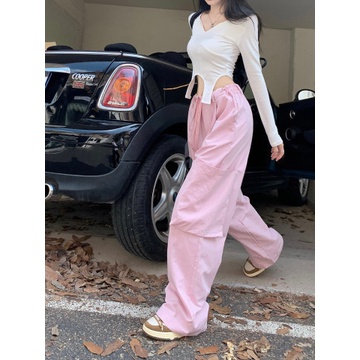 กางเกงทำงานผู้หญิงออกแบบหลวมความรู้สึกเฉพาะกลุ่มสบาย-ๆ-ขากว้างสีเทากางเกงเทรนด์
