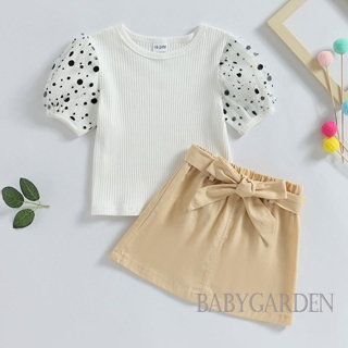 Babygarden-1-6 ปี ชุดเสื้อผ้าเด็กผู้หญิง, ชุดลําลอง แขนสั้น คอกลม พิมพ์ลายจุด เสื้อถัก + กระโปรงสั้น